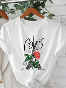 Women's Rose & Eiffel Tower Floral Print Round Neck Graphic Tee, Vintage Trendy Casual Short Sleeve T-shirt for Daily Wear, Ladies Summer Outfit Valentine's Day, gift, Womenswear