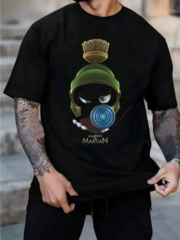 Cartoon Marvin The Martian Helmet Ray Gun Graphic Micro Loose Crew Neck Short Sleeve T-Shirt For Men Classic Looney Tunes Nostalgic Cartoon Casual Street Tee For Daily Retro Fan Outfit