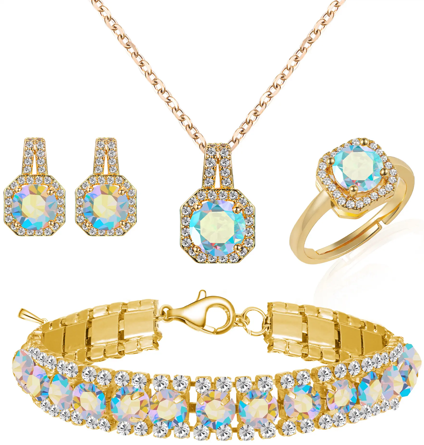 4pcs Cubic Zirconia Wedding Jewelry Sets for Bride Bridesmaid Cubic Zirconia Pendant Necklace Earrings Link Tennis Bracelet Open Ring Set for Women