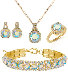 4pcs Cubic Zirconia Wedding Jewelry Sets for Bride Bridesmaid Cubic Zirconia Pendant Necklace Earrings Link Tennis Bracelet Open Ring Set for Women