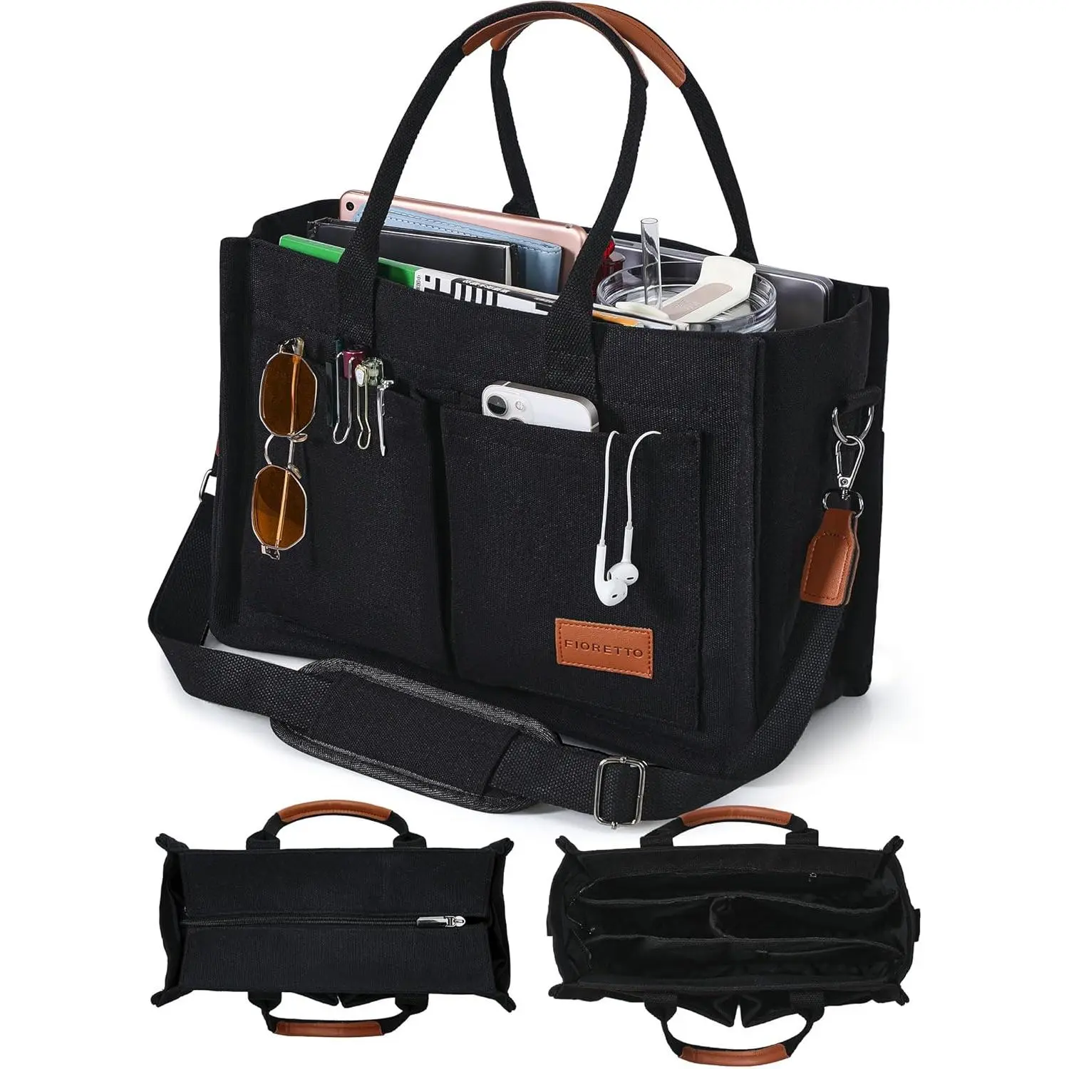 Women's Large Multi-Pocket Canvas Tote Bag - Multi Functional Casual Commuting Bag with Zipper Closure for Zippered Safety, Organized Storage, Detachable Crossbody Strap for College & Travel