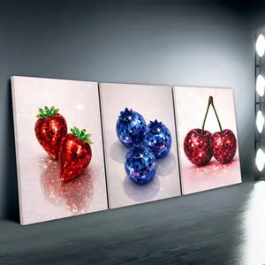 3pcs/Set Wooden Framed,Blueberry, Cherries, Strawberry Disco Fruit Rectangle Wall Art Print, Retro Y2K Disco Fruit Poster, Kitchen Wall Decor, Funky Disco Ball Canvas Painting, For Bedroom, Living Room, Home Decor