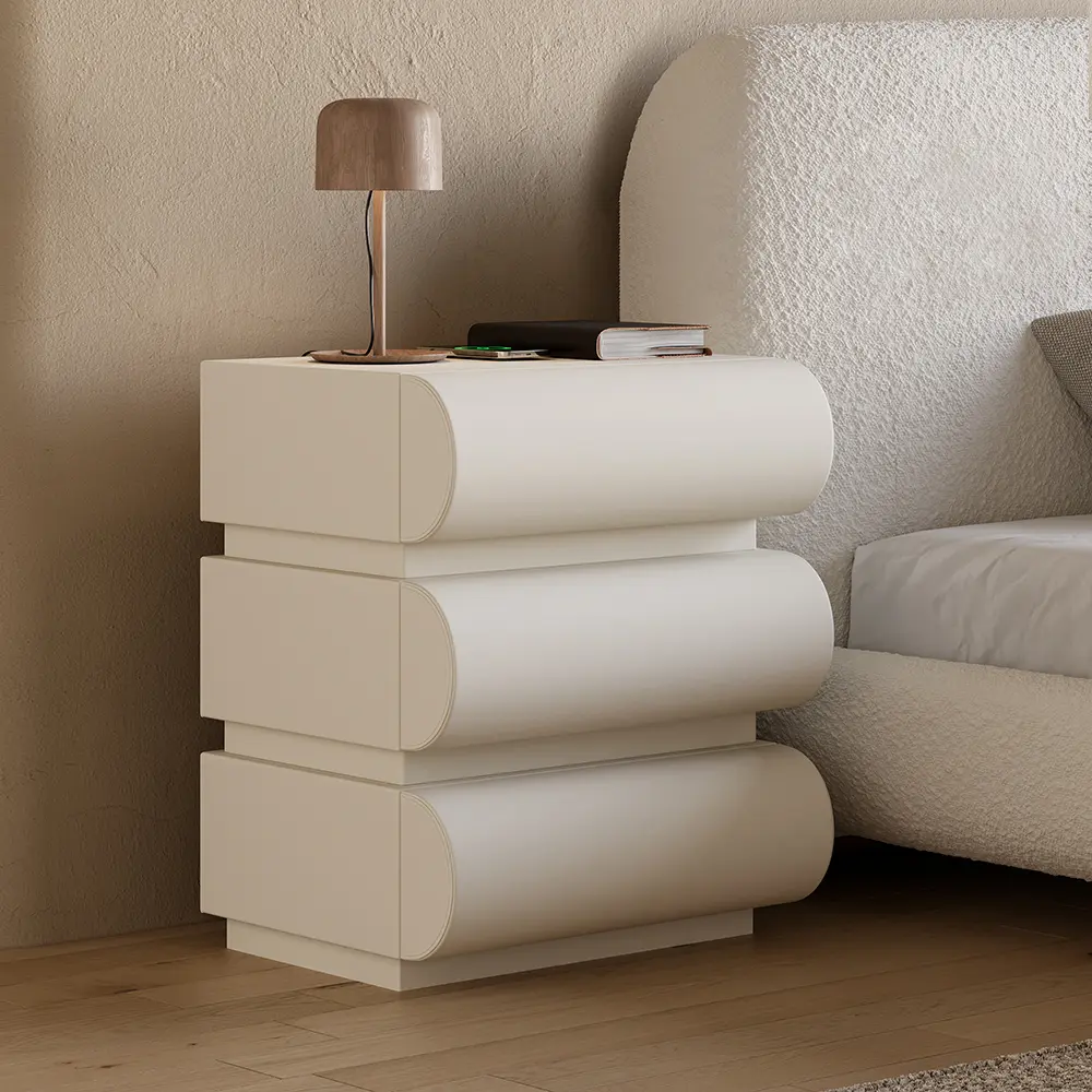 Homary White Eco-Friendly Faux Leather Rectangle 3-Drawer Nightstand, 16" Height, with Built-In USB + Wireless Charging Station