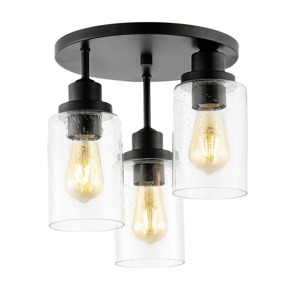 JONATHAN Y Jonah Bohemian Farmhouse Iron/Seeded Glass LED Semi Flush Mount; for Living Room, Bedroom, Kitchen, Office