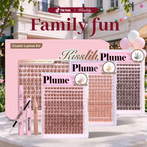 Plume | Kisslily Brown & Black Lash Clusters Invisible Band Natural Lash Extension Kit with Bond & Seal Mascara Look DIY Lashes 8-16mm C Curl D Curl Long Lasting Beginner Friendly #tiktokshopstockup familyfun