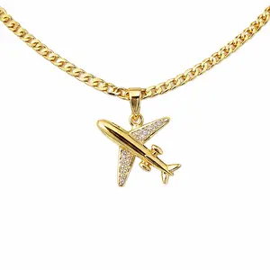Cod 7038 Chain with Plane Pendant Gold-Toned Necklace 20 Inches Long Unique Charm Jewelry Accessory Modern Stylish Design