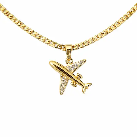 Cod 7038 Chain with Plane Pendant Gold-Toned Necklace 20 Inches Long Unique Charm Jewelry Accessory Modern Stylish Design