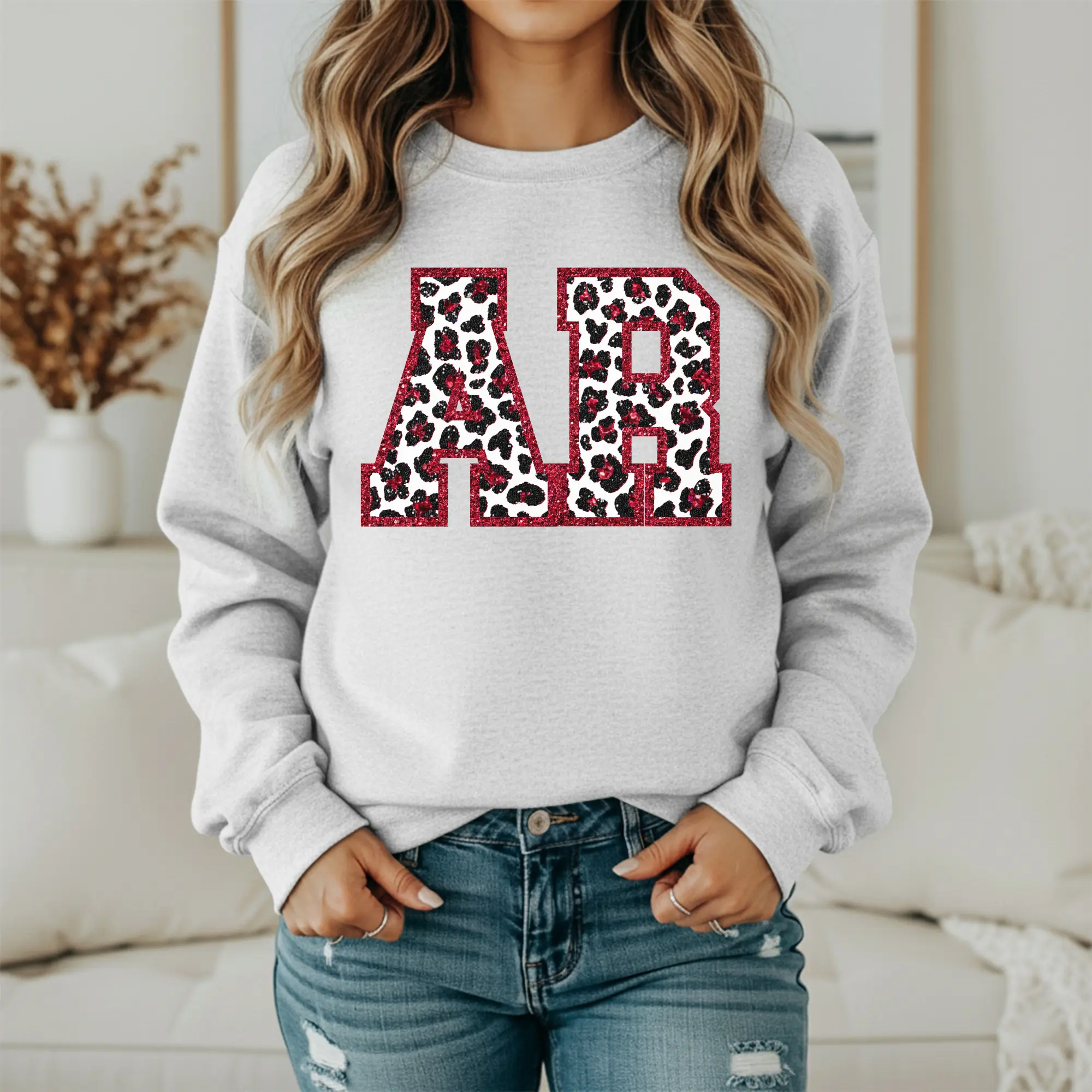 Arkansas Crewneck Sweatshirt Cheetah Leopard Print AR Grey with Red Sequin Design for Women