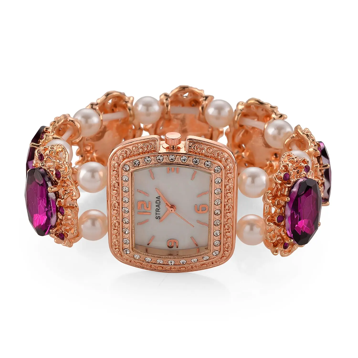 Strada Purple Color Glass, Purple Austrian Crystal and White Color Resin Pearl SL68 Quartz Movement Bracelet Watch in Rosetone