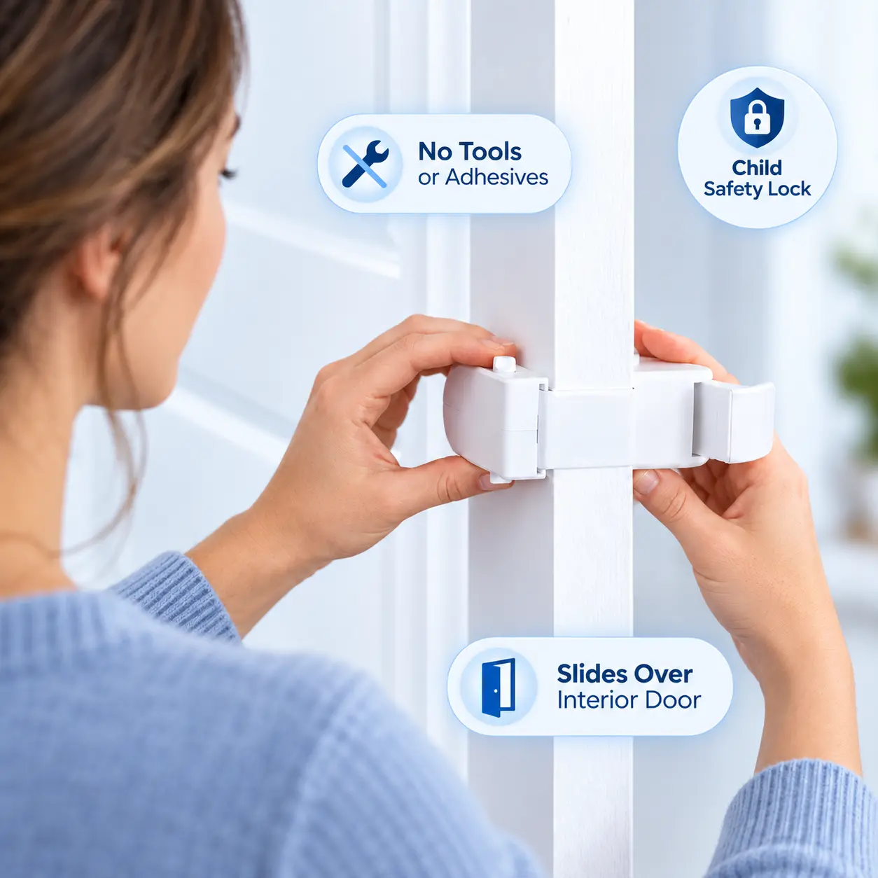 Quickly installable door lock, unobtainable or unbreakable - no tools or glue required - suitable for door handles, pulls or door catches - anti-misdoor-opening safety lock, suitable for children to use