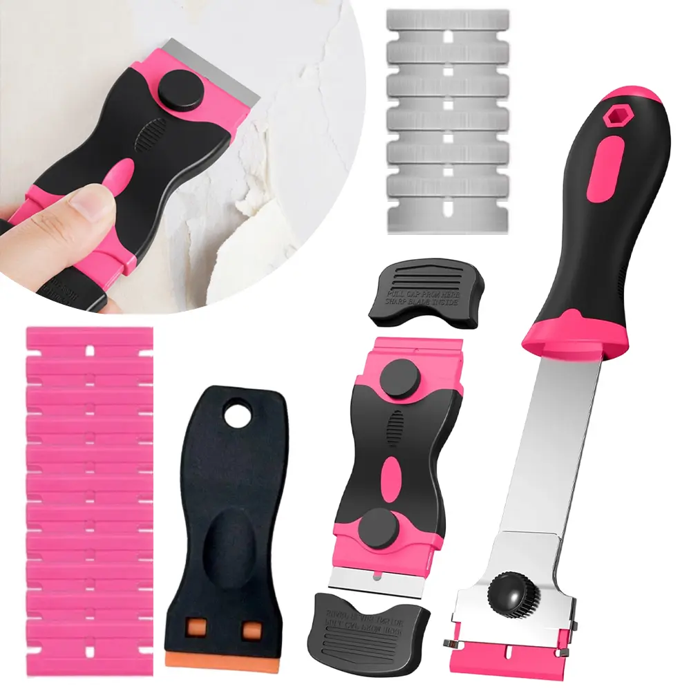 3 Pack Multipurpose Razor Blade Scraper Cleaning Tool Set Pink, Comes with Plastic & Metal Replacement Blades, Safe Non-Scratch Adhesive Remover for Stickers Paint Gum Cooktop Glass Car Window Residue Cleaning