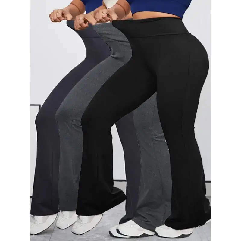 3pcs High Waist Plus Size Women's Sports Leggings, Flared Long Pants in Solid Color, Elasticity for Outdoor Leisure Running 3pcs High Waist Plus Size Women's Sports Leggings, Flared Long Pants in Solid Color, Elasticity for Outdoor Leisure Running