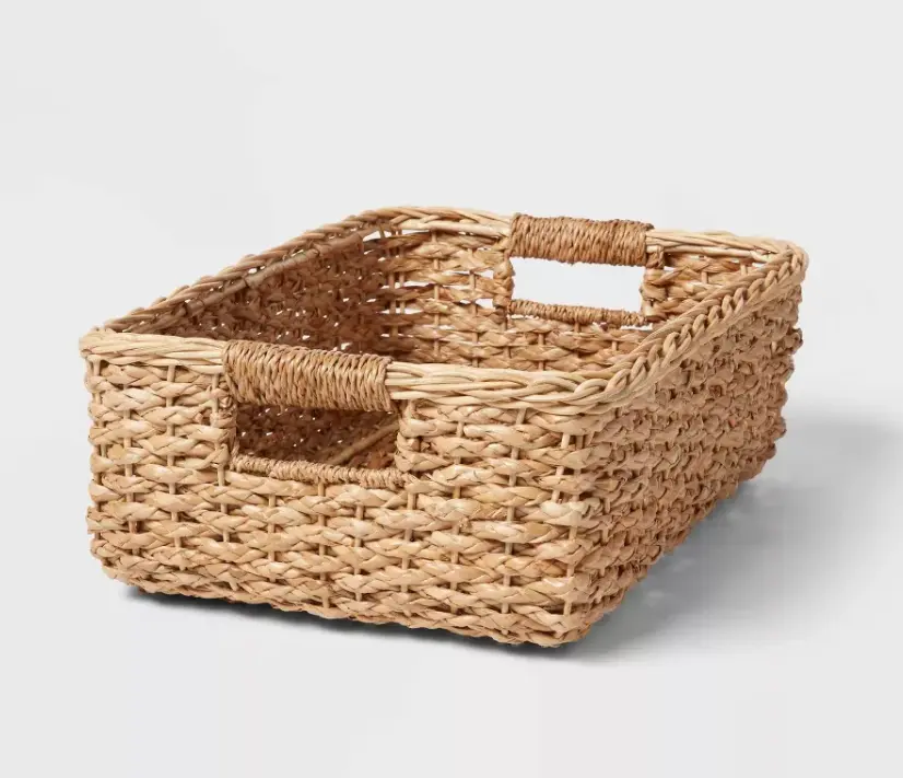 Braided Seagrass Folio Storage Bin, Rectangular Handwoven Natural Seagrass Basket with Cutout Handles for Magazines Books Shelf Home Office Organizer