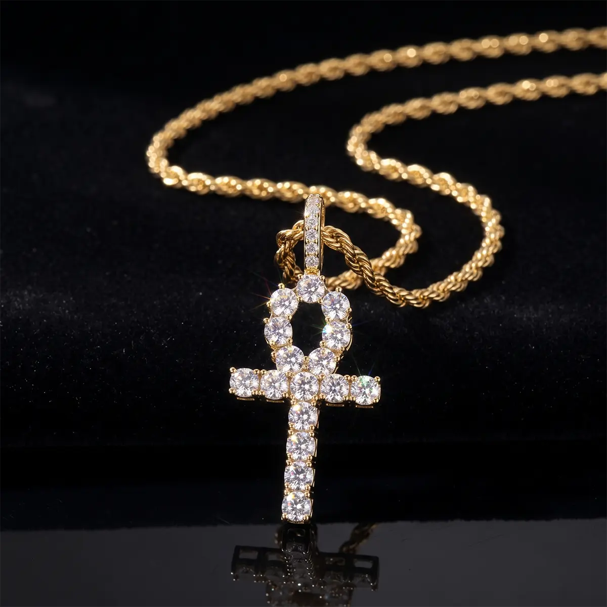 Ankh Cross Chain for Men Iced Out Cubic Zirconia Egyptian 14K Gold Plated Pendant Necklace for Women Men with Stainless Rope Chain