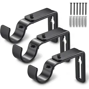 Curtain Rod Bracket Adjustable, Drapery Rod Holder Hooks Support Hangers for 1 inch Diameter Window Curtain Rods (Black, 3-Pack)