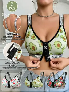 3 Pack Cherry Avocado Print Wireless Bras, Comfortable Medium Support with Buckle Closure, Sexy Slim-Fitting Unlined Design for All Seasons, Wirefree Bra