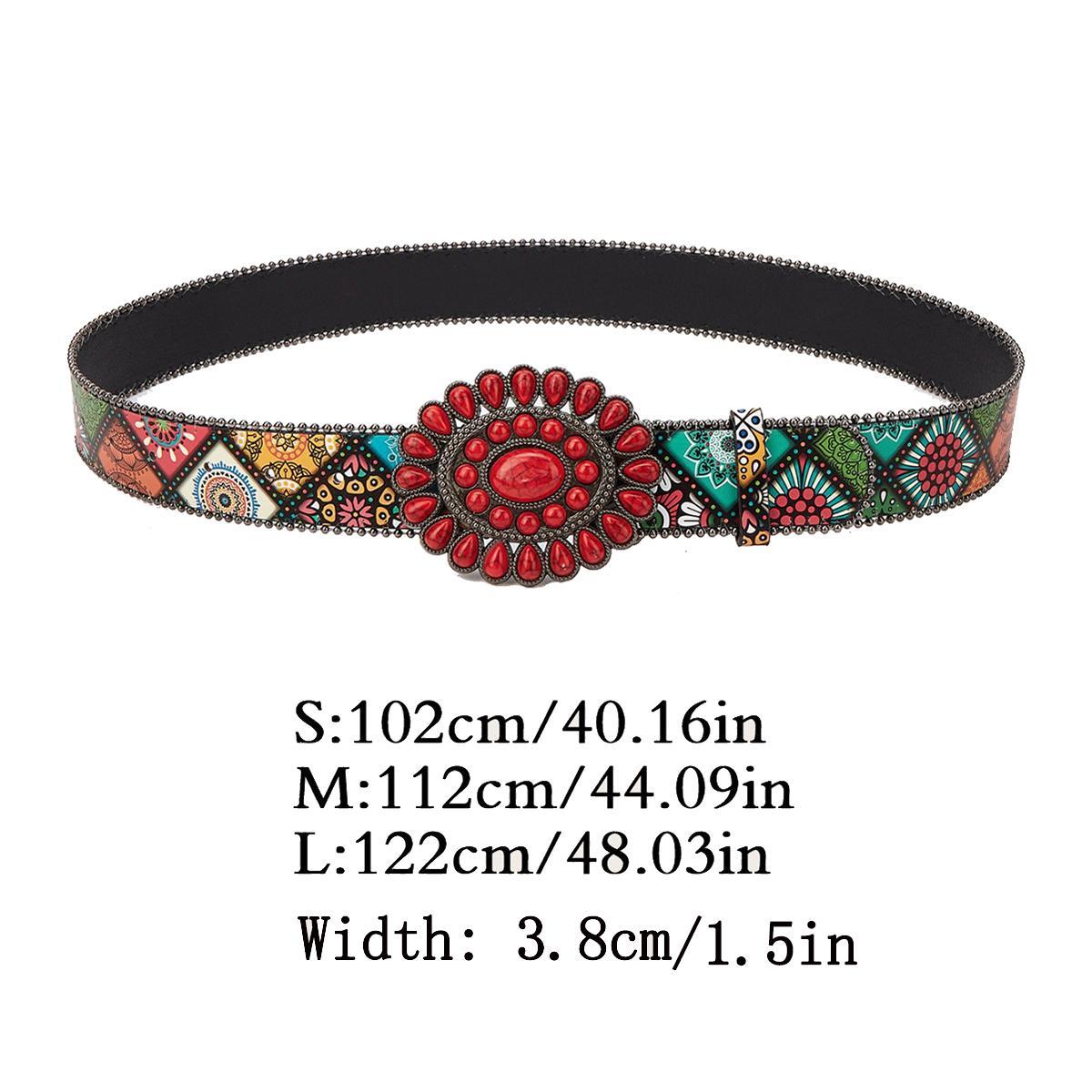 AWAYTR Bohemian Red Stone Flower Buckle Belt Western Ethnic Print Waist Belt Vintage Cowgirl Statement Belt Boho Accessories for Women Fits Jeans Dresses