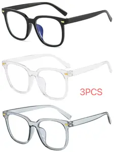 3 Pairs Unisex Fashion Casual Square Plain Glasses, Anti-Blue Light, Suitable for Reading Office Daily Wear, All Seasons