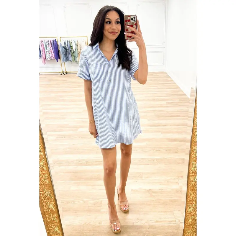 Summer Love Striped Seersucker Shirt Dress: Blue/White