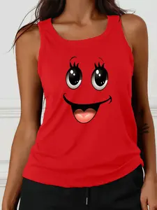 Women's Cartoon Face Print Tank Top, Casual Sleeveless Top for Daily Wear, Ladies Sportswear for All Seasons, Socks