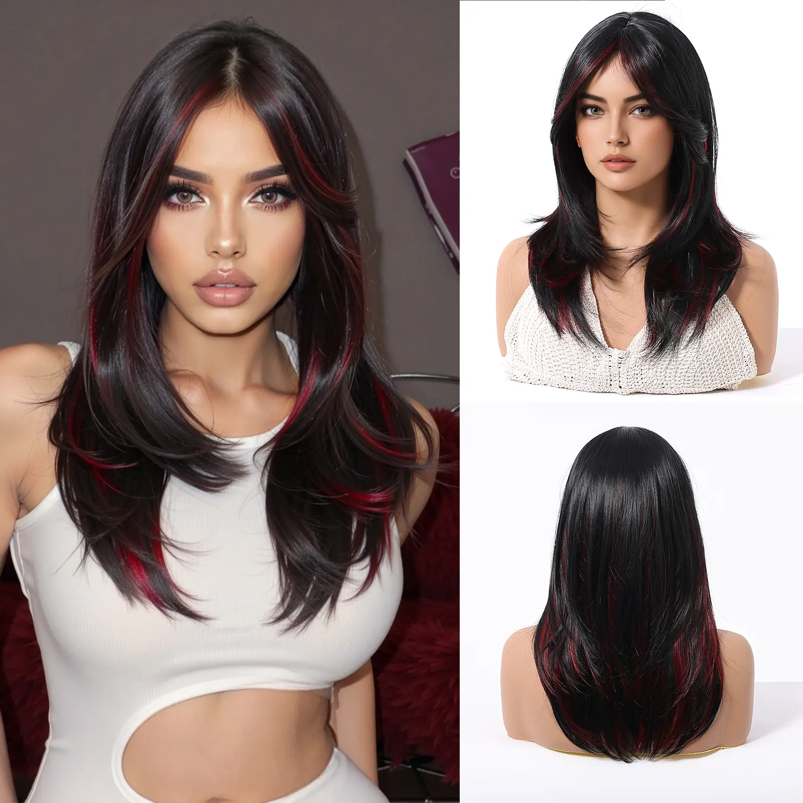 【Biggest Sale】Wiglassic Black Red Highlight Straight Wig 18inch Straight Black Wig Synthetic Heat Resistant Fiber Wig for Daily Party Halloween wigs Cosplay
