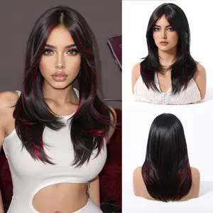 Wiglassic Black Red Highlight Straight Wig 18inch Straight Black Wig Synthetic Heat Resistant Fiber Wig for Daily Party Halloween wigs Cosplay
