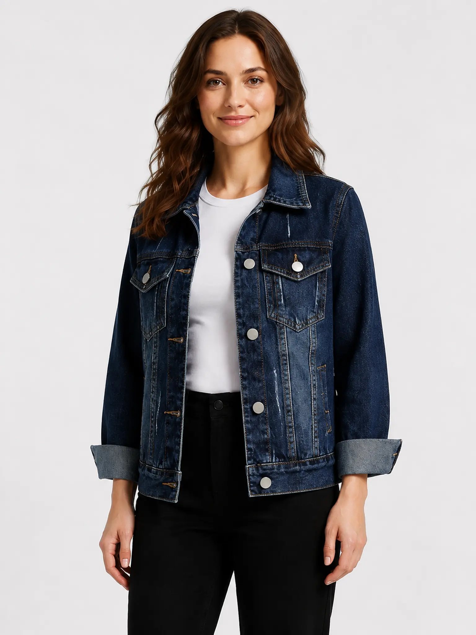 Women's Collared Long-Sleeve Denim Top Coat for Petite Frames - Plain, Medium-Length, Structured, All-Seasons, Machine-Washable Outerwear