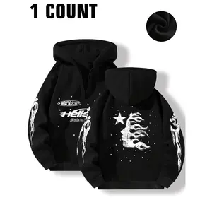 [1pc Flame Print Hooded Sweatshirt] 1pc Unisex Casual Hooded Sweatshirt with Flame and Woman Face Print, Long Sleeve Pullover with Slight Stretch, Knit Polyester Fabric, Regular Length, Loose Fit Hoodie for Men and Women