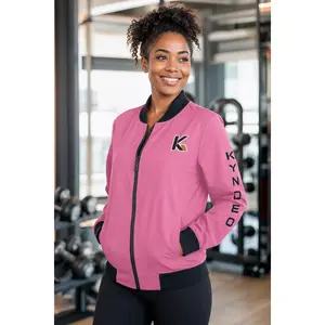 Women's Rose Pink Bomber Jacket, Comfy Zip-Up Polyester Coat with Front Pockets for Casual Daily Wear