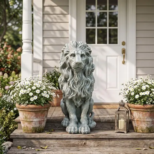 Weatherproof Sitting Lion Garden Statue, High-Density Magnesium Oxide Vintage Sculpture Ornament, Waterproof UV Resistant Sturdy Animal Figurine, Classical Elegant Decor for Yard Lawn Porch Entryway Indoor Home Display
