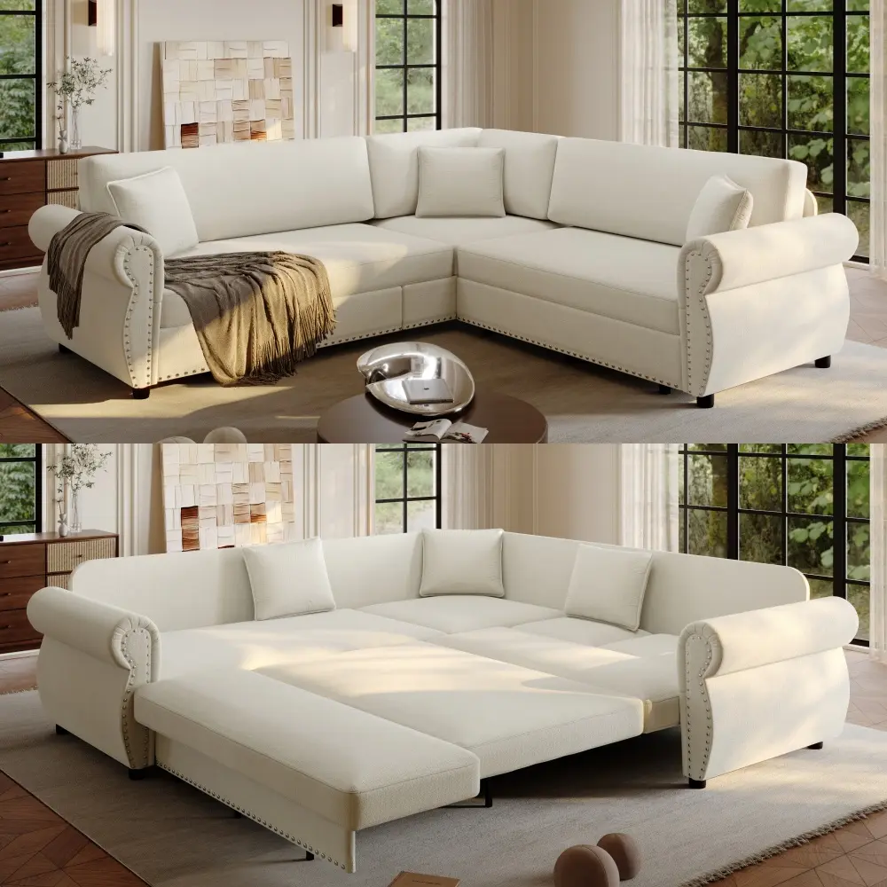 88.2" L-Shaped Sturdy Iron Chenille Plush Cloth Upholstered Sectional Sofa Couch - Oversize Convertible Sleeper with Queen Pull-Out Bed, Nailhead Trim, Rolled Arm for Living Room, Office