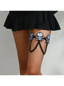 Light Luxury Fashion Brand Halloween Skull Black Strap Thigh Ring, Personalized Dark Punk Style Holiday Costume Accessory, Internet Celebrity Hot Item, Perfect for Nightclub Party, Cosplay, Stage Performance, Exclusive for Cool & Trendy Girls