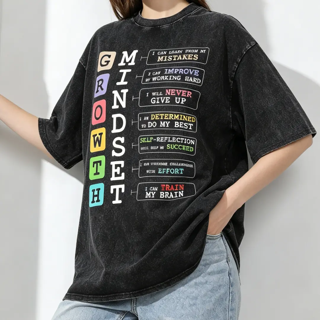 Oversized Acid Wash T-Shirt, Women's Vintage Heavyweight Cotton Graphic Tee with Growth Mindset Text, Casual Round Neck Top, Tshirt