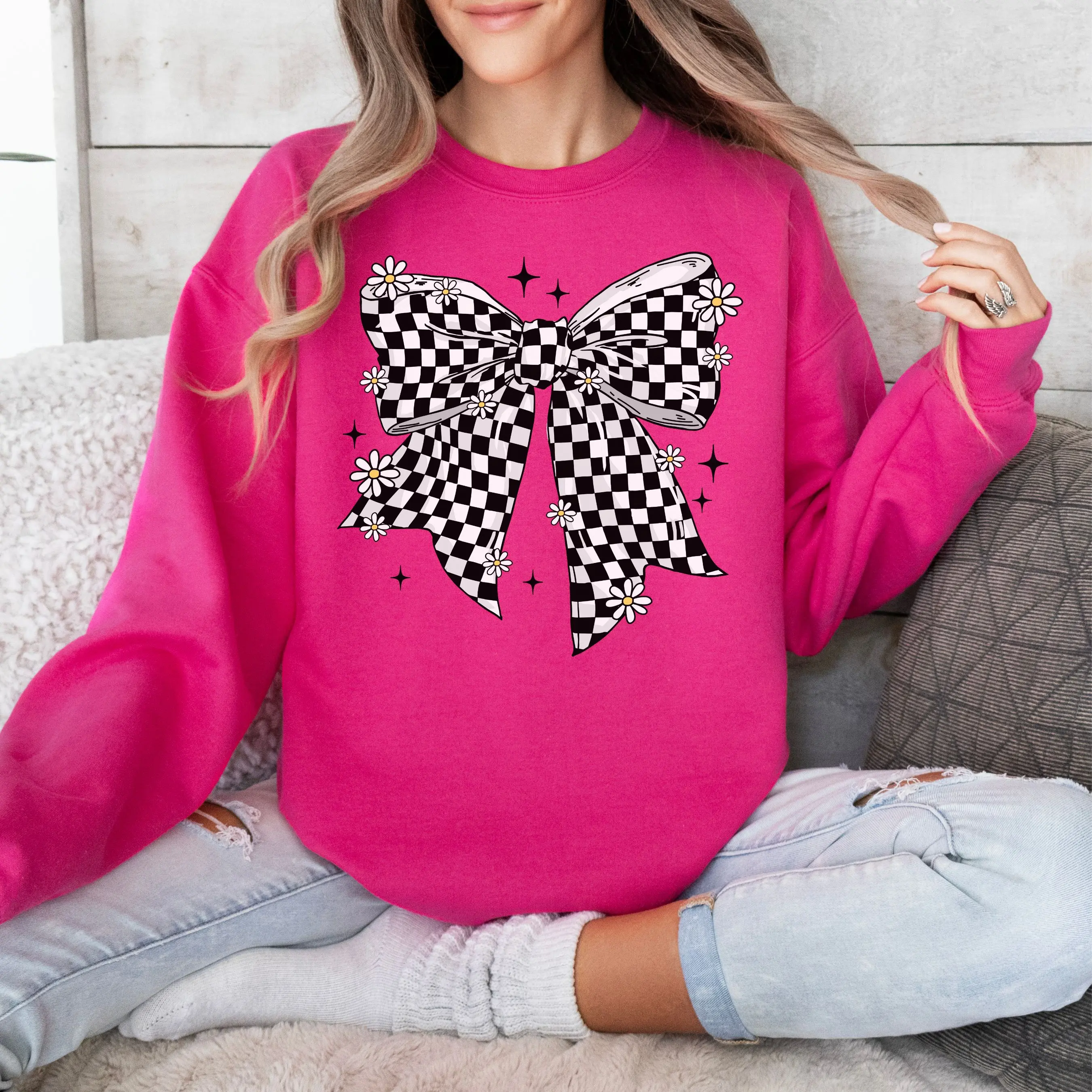 Gildan 18000 Checkered Bow Sweatshirt Daisies Sparkles Unisex Fit 50 Cotton 50 Polyester Cozy Warm Layering Crewneck