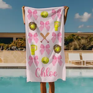 Personalized Softball Beach Towel, Custom Name Number Pink Bow for Girls, Softball Coach Gift, Softball Party Pool Towel, Softball Mom Gift