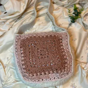 Handmade Crochet Handbag in Dusty Pink Rose and Cream Colors - Unique Design and Color Scheme