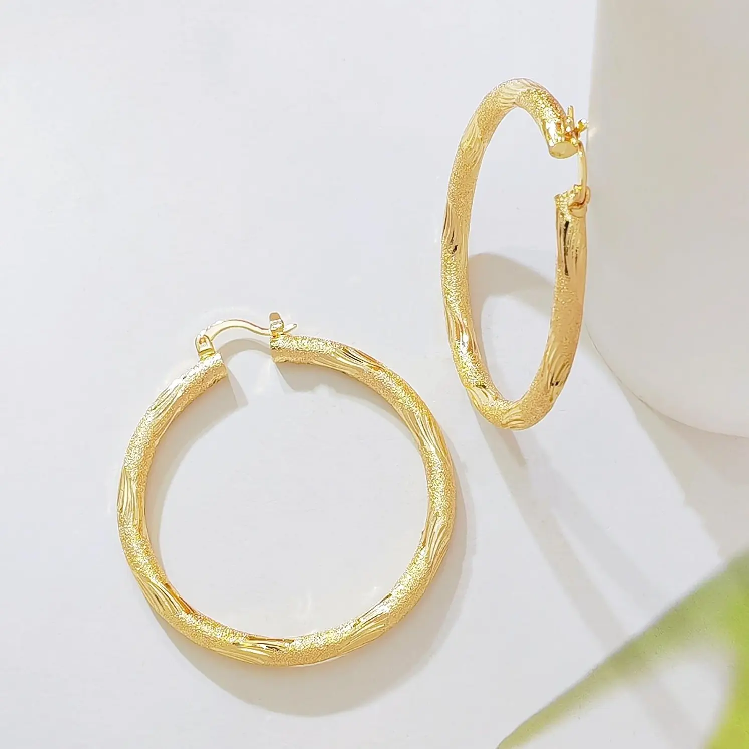 14K Gold Plated Twisted Hoop Earrings for Women, Glitter Sandblast Textured Huggie Hoops, Lightweight Statement Earrings, Everyday Jewelry Gift