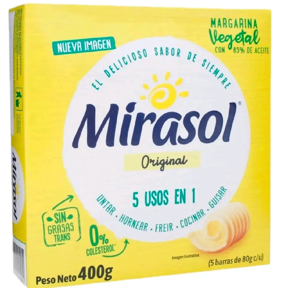 2 Caja de Margarina Mirasol con 5 barras  80g c/u = 400g