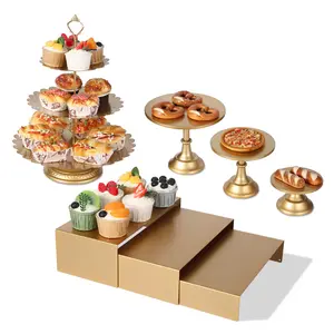 Garvee 7-Piece Cake Stand Set - 2 Tiered Cake Stands (3 Layers) 2 Rectangular & 3 Round Dessert Plates Pink & Gold Metal Display Stand for Wedding Birthday Baby Shower Afternoon Tea