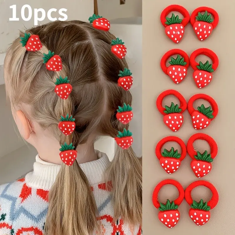 10pcs Sweet Strawberry Cherry Fruit Hair Bands for Girls, Festive Towel Rings, Kids Girl Hair Ties, Cute Elastic Headbands, Elastic Hair Accessory, Cute Hair Accessories