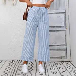 Women’s Casual Striped Wide Leg Pants Breathable Lightweight Fabric, Adjustable Drawstring Waist, Classic Striped Style, Perfect for Daily Wear & Vacation Outfits, Blue Bottom - Wideleg
