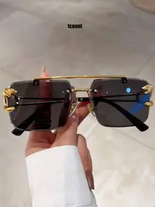 1 Pair Simple Square Sunglasses For Everyday Use, Summer Leopard Design Double Beam Rimless Fashion Sunglasses, Travel Accessories, Stylish Glasses, Street Style Shades