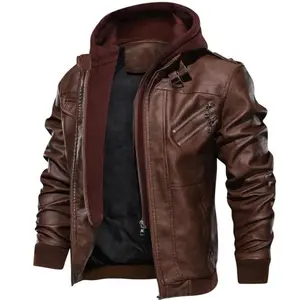 Men Brown Leather Motorcycle Jacket with Removable Hood Hoodie Casual