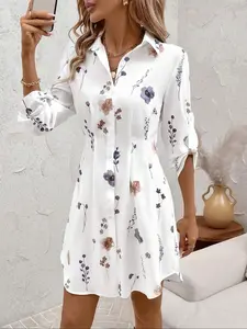 Women's Floral Print Shirt Dress, Casual Long Sleeve Collared Dress for Summer, Ladies Clothes for Daily Wear, Boho Style Dresses