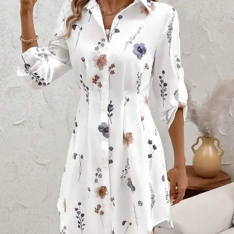 Women's Floral Print Shirt Dress, Casual Long Sleeve Collared Dress for Summer, Ladies Clothes for Daily Wear, Casual Dresses
