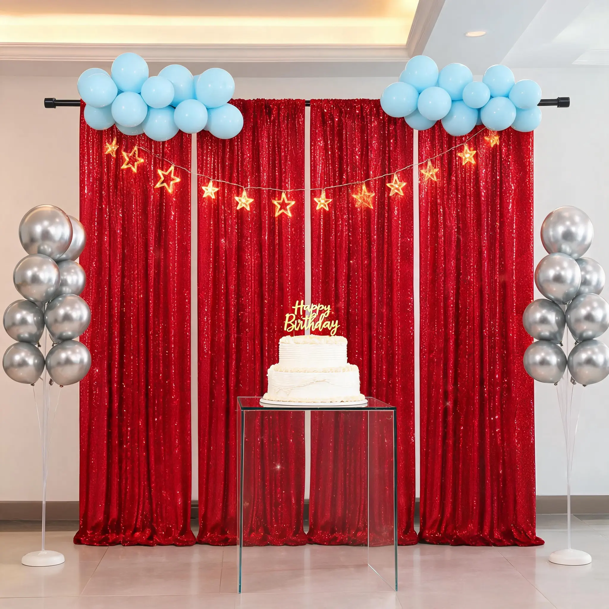 Premium 4 Panels Red Sequin Backdrop Curtain 2x8ft for Photography Studio Party Wedding Birthday Christmas Halloween Thanksgiving Glitter Decor