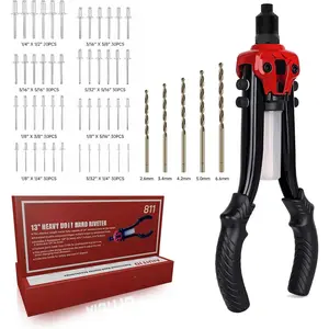 Rivet  Kit, 1/4" Pop Rivet  with 230 Rivets & 5 Drill Bits, 13" Heavy Duty Two-Handed Riveter Tool Set with Detachable Container for Van, Gutter & Automotive