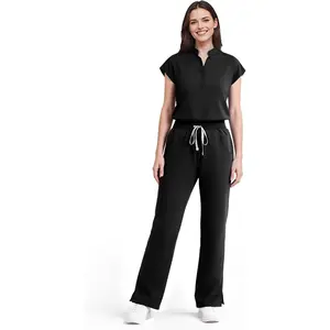 Scrubs for Women Set Soft Sleeveless Stand-Up Collar Scrub Top & Straight Leg Scrub Pant with 9 Pockets and Yoga Waistband