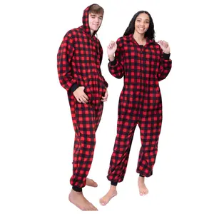 Hoodie Onesie Buffalo Plaid Fleece Jumpsuit Pajamas for Men & Women