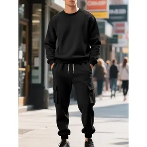 Men's Fall Winter Outfits Fleece Warm Sweatshirt Cargo Pants Set for Daliy Wear, Old Money Solid Color Round Neck Pullover Top, Multi-Pocket Design Casual��Essential for Man's Wardrobe.
